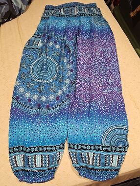 Desigual Teal, Purple & White Polka Dot Print Pants 100% Rayon Ladies Size S/M